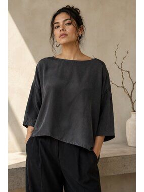 Nique Cupro Viscose Black Oversized Boxy Blouse Top 3/4 Sleeve Size 12